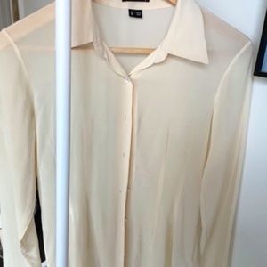 Theory Women's Ivory Silk Button-Up Collared Long Sleeve Blouse Top Size S